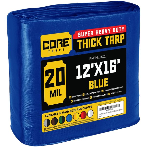 Core Tarps 16 ft L x 0.5 mm H x 12 ft W Heavy Duty 20 Mil Tarp, Blue, Polyethylene CT-705-12X16